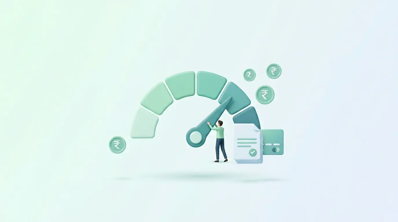 tiny person improving personal credit history & pushing credit score speedometer from poor to good