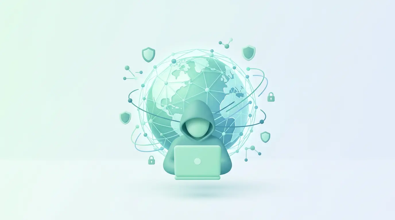 hooded hacker facing a glowing digital globe, representing global cybersecurity threats and data network protection