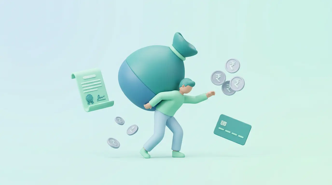 a man struggling under a heavy “debt” sack while reaching for money, illustrating financial burden and loan repayment stress