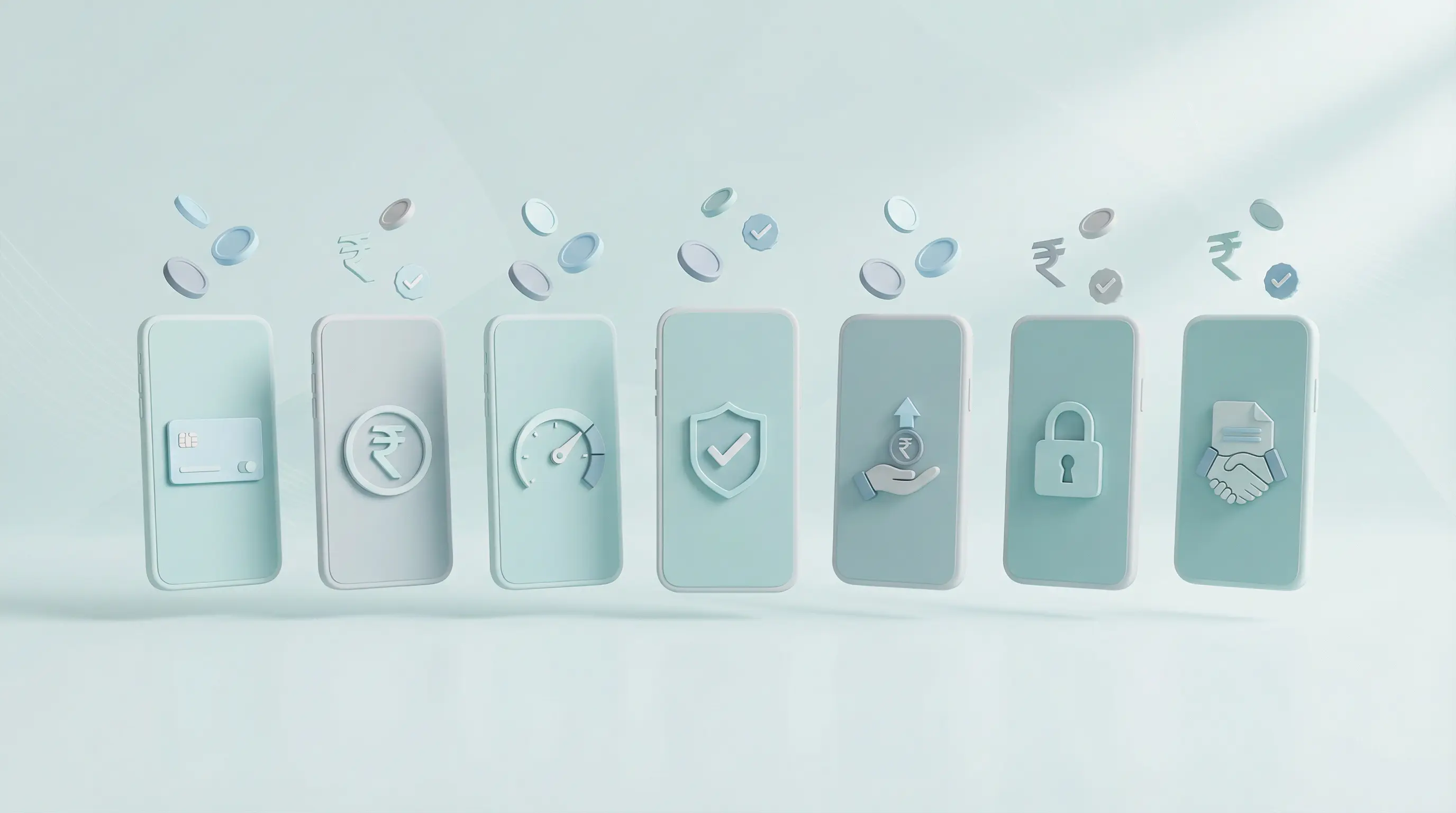 A 3D illustration shows ten smartphones lined up horizontally, each with a light blue padlock icon on the screen. A pile of dollar bills and coins sits in front of the center phone, with some bills flowing into the phone and others emerging from it. The background is a light blue-green color.