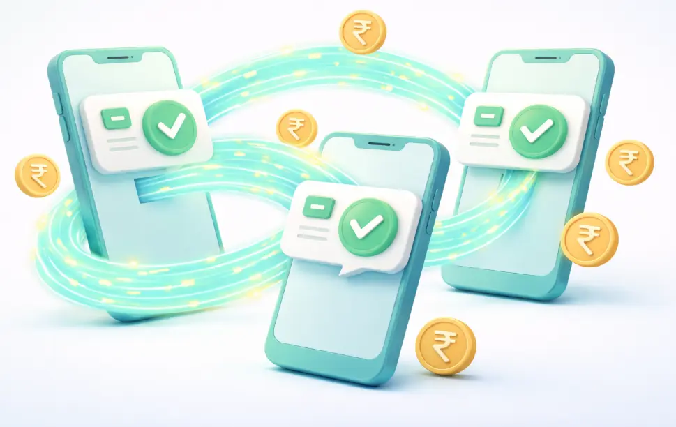 3D illustration showing multiple smartphones displaying loan approval notifications and digital currency flowing between devices, representing instant digital loan services