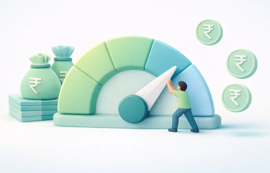 A 3D illustration shows a hand reaching up to a smartphone screen. From the phone, a stream of dollar bills and coins flows down into the hand, with a small hourglass floating in the middle. The background is white