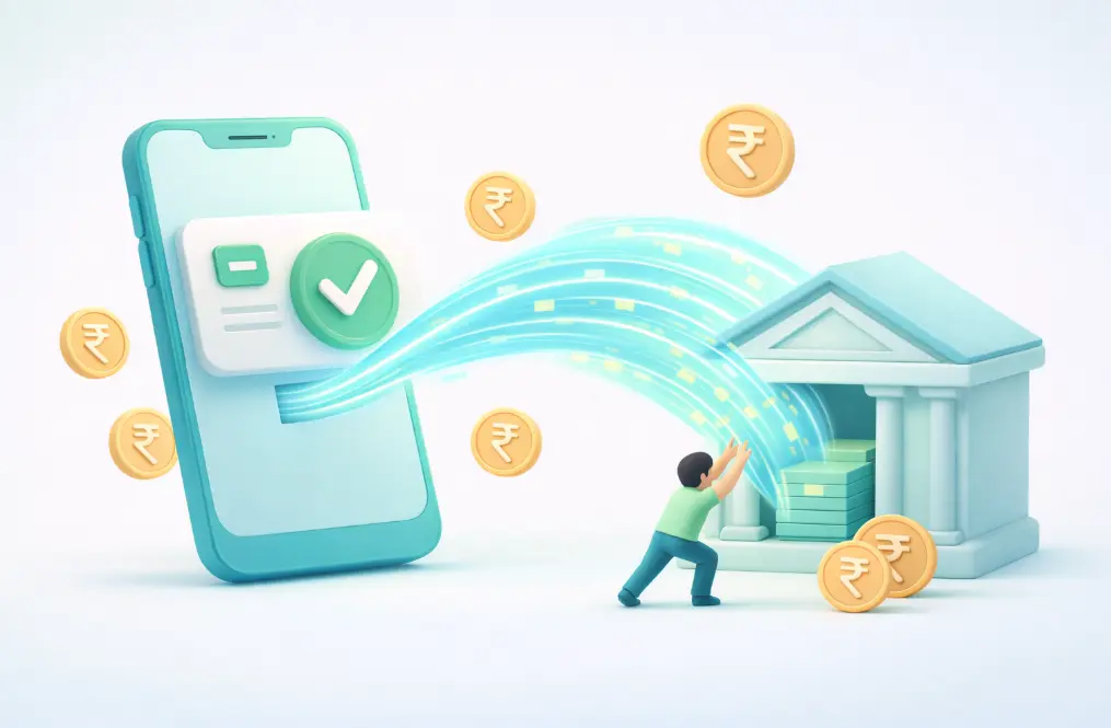 a smartphone with instant loan approval notification and digital currency flowing into a bank account, representing fast emergency loan disbursal