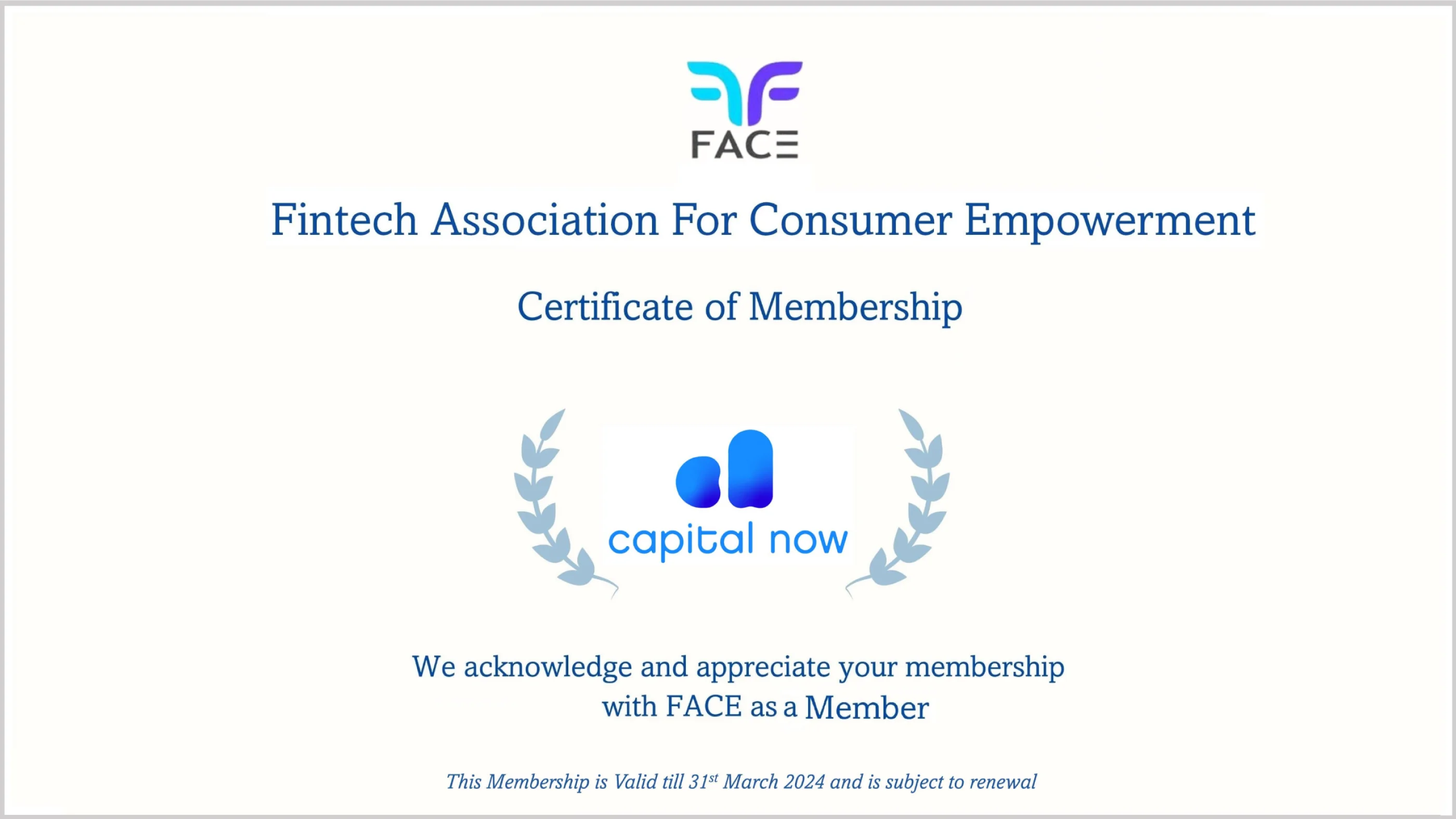 Certificate of Membership for Capital Now