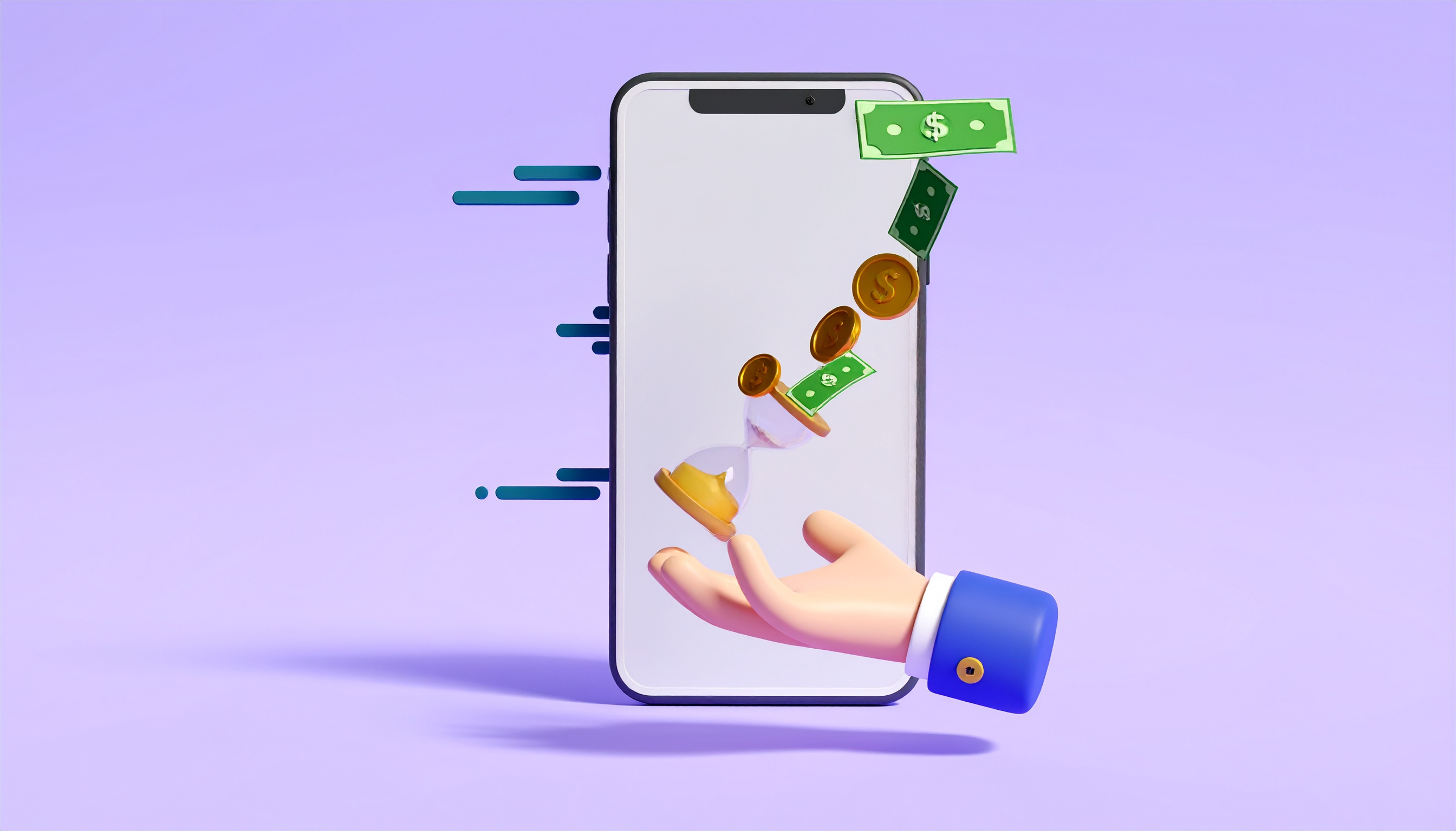 A 3D illustration shows a hand reaching up to a smartphone screen. From the phone, a stream of dollar bills and coins flows down into the hand, with a small hourglass floating in the middle. The background is white